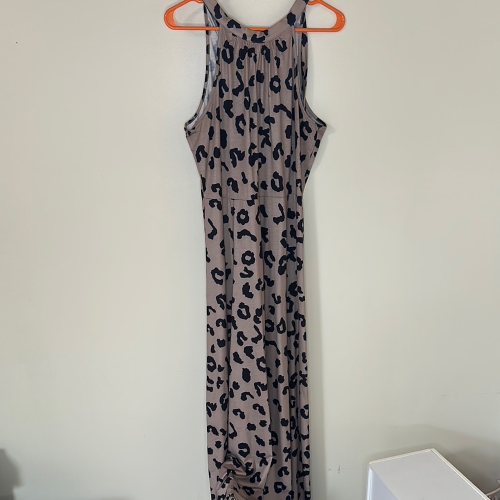 Sleeveless Taupe Leopard Print Maxi Dress with High Neck